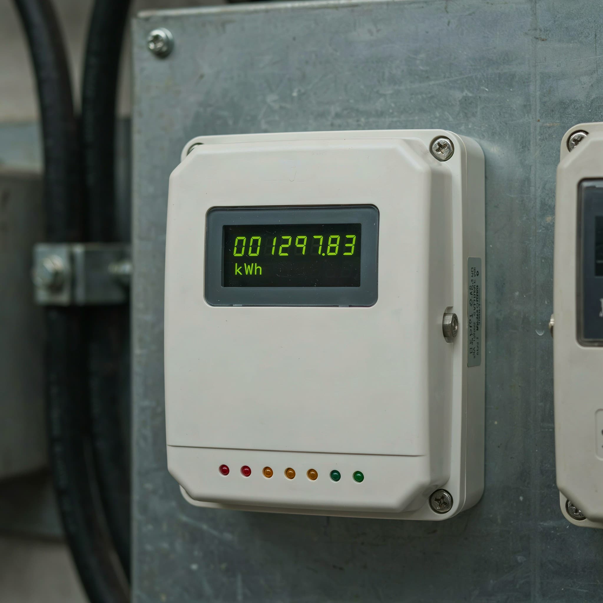 Een industriële kWh-meter op een stalen paneel, met 001297,83 kWh op het display.